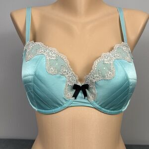Marie Meili Bra US Size 34D Aqua Teal Blue Silky Satin Lined Underwire Bow